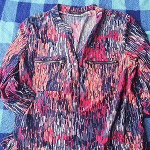 Cocomo Pink and Orange Relaxed Graphic Blouse with Mandarin Collar